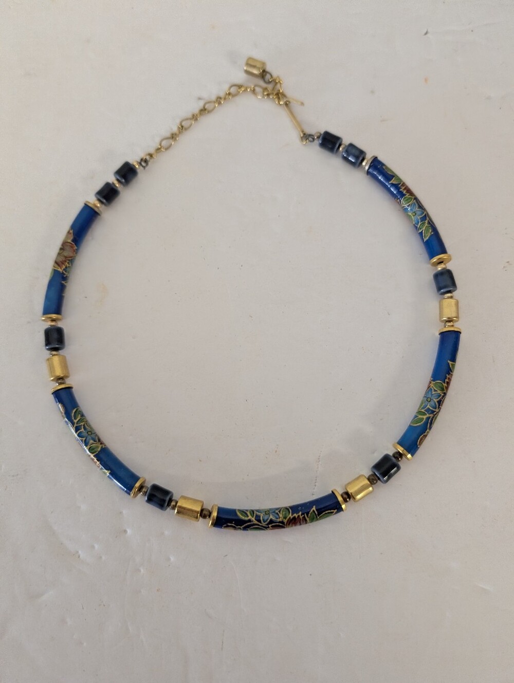 Vintage Necklace Blue Cloisonné Cylinder Bead Gold Accent 1980 - Picture 2 of 2